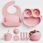 Baby Led Weaning Supplies, Silicone Baby Feeding Set - Baby Bowls and Plates with Suction, Toddler Spoons and Fork, Toddler Cups with Replaceable Lids (Pink)