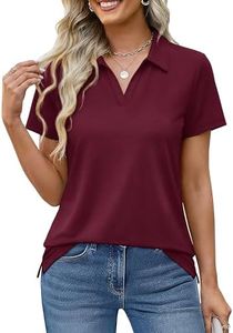 MAGCOMSEN Women's Polo Shirts Cotton Short Sleeve V-Neck Collared Tops Golf Shirt Work Casual Summer Tee Burgundy