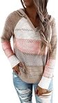 JomeDesign Womens Color Block Knitted Hoodies Sweaters Striped Long Sleeve Hollow Out Casual Pullover Sweatshirts Khaki X-Large