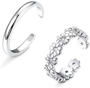 Udalyn 2 Pcs Sterling Silver Toe Rings for Women Cute Flower Toe Rings Hypoallergenic Adjustable Band Ring Hypoallergenic 925 Sterling Silver Open Toe Ring Set, Silver, Cubic Zirconia