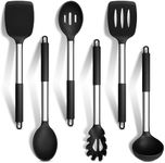 HaWare Kitchen Utensils Set, 6 Pcs Black Silicone Cooking Utensils, Heat Resistant Stainless Steel Handle for Non-Stick Cookware, Kitchen Tools Include Ladle Turner Spoon Pasta Server, Dishwasher Safe