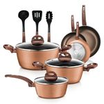 NutriChef 12-Piece Hard Anodized Nonstick Cookware Set - Induction Ready Pots & Pans with Elegant Ridge-Line Pattern, Heat-Resistant Lacquer, Brown