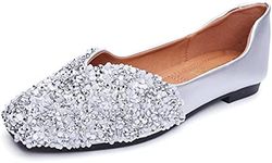 QXCGDYXT Flats Shoes Women Rhinestone Square Fashion Ballet Flats Wedding Flats for Women Comfortable Slip on Low Heel Dress Shoes, Silver, 6