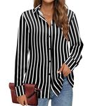 BETTE BOUTIK Women Shirts Long Sleeve Blouses V Neck Casual Elegant Button Up Work Office Tops（ BlackWhiteStripe，Small ）