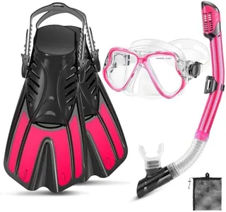 PIYAZI Snorkeling Gear for Adults, 4 in 1 Adult Snorkel Set with Panoramic View Snorkel Mask, Dry Top Snorkel, Adjustable Short Fins and Travel Bag, Snorkel Set with Fins for Snorkeling Diving