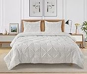 LANE LINEN 100% Organic Cotton Queen Comforter Set - 3 Piece Down Alternative Bedding Set, Pinch Pleat Duvet Insert, All - Season Soft Warm Comforter (1 Comforter, 2 Pillow Shams) - White (Grey Dot)