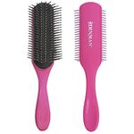 Denman Curly Hair Brush D4 (Pink, Silver Pins) 9 Row Styling Brush for Styling, Smoothing Longer Hair and Defining Curls - For Women and Men