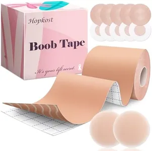 Hopkost Boob Tape Breast Lift Tape for Large Breasts with 2 Pcs Nipple Covers Invisible Boobtape for A-G Cup(Beige,3 in)