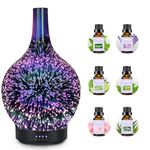 Essential Oil Diffuser Electric Aromatherapy Air Mist with 6 Essential Oil Set 3D Firework Glass Ultrasonic Aroma Diffusers Waterless Auto Shut-Off with 7 LED lights for Home Office Yoga Gift 120ml