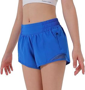 Aurefin Girls Athletic Shorts, Lightweight Running Shorts for Teen Girls Kids Sports Active Shorts with Zip Pocket and Elastic Blue/L