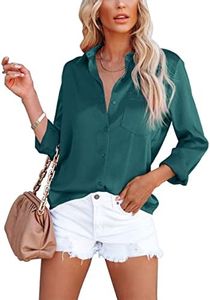 Homlan Blusa Elegante de Mujer con Cuello en V de satén, Mangas largas, Estilo Informal, Camisa Holgada de Color sólido con Bolsillo en el Pecho, Verde Oscuro, XXL