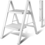 Upgraded 2 Step Ladder, 330 lbs Folding Aluminum Step Stool with Wide Anti-Slip Pedals, Lightweight & Portable Ladder for Kitchen, Closet, Office, Home Use - White
