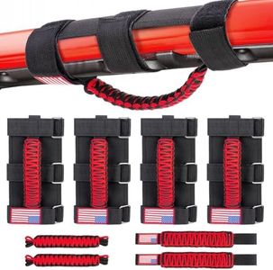 CALBEAU 8 Pack Grab Handles Paracord Roll Bar with Door Limiting Straps and Backseat Grip Handles for 1955-2023 Jeep Wrangler YJ, TJ, JK, JL, JLU, JKU, Gladiator JT, Interior Accessories with Flag