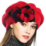 VECRY Womens French Beret 100% Wool Berets Floral Knit Beanie Skull Cap Dress Winter Hat (Red,M)