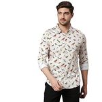 Thomas Scott Mens Printed Slim Fit 100% Cotton Casual Shirt with Spread Collar and Long Sleeve Cream