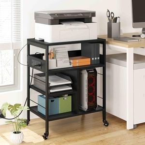 GarveeHome Printer Stand with Wheels, 4 Tier Rolling Printer Cart with Charging Sockets, Mobile Printer Table Paper File Organizer, Large Printer Stand for Home Office, Rustic Black
