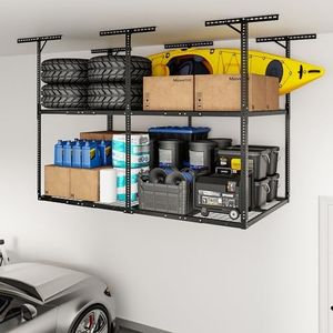 FLEXIMOUNTS 4x8 Double Layer Overhead Garage Storage Rack – Adjustable Heavy Duty Metal Garage Ceiling Storage Racks, 1000 lbs Capacity – Garages Organization System for 10–15 ft Tall Garages, Black