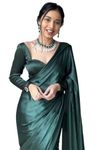 SATAZ Women's Ready to Wear Castleton Green Plain Satin Silk 1 Minute Pre Pleated Saree with Unstiched Blouse