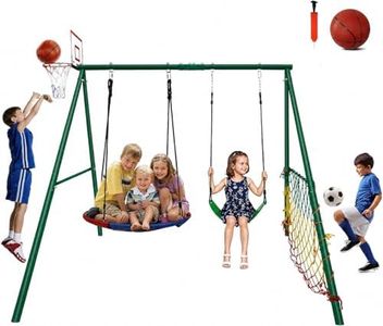 CYFIE Swing Set, Outdoor Playset for Kids with Saucer Swing, Belt Swing, Heavy Duty Metal Frame Swing Stand, Basketball Hoop and Soccer Goal, Swing Sets for Backyard, Playground, Park