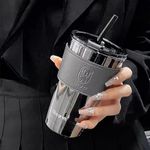 SKDBPM Premium Glass Sipper Fruit Juice Milk Tumbler Mug with Leather Sleeve Black Glass Coffee Mug with Glass Straw and Lid Glass Tumbler for Coffee, Tea, Milk Beverages Travel Cup 450ML(Pack of 1)