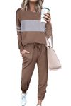 PRETTYGARDEN Women's Color Block 2 Piece Tracksuit Crewneck Long Sleeve Tops Long Sweatpants Outfits Lounge Sets(Dark Khaki,Large)