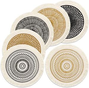 LOMOHOO Set of 6 Round Placemats 13 Inch Table Mats Boho Cotton Woven Mandala Tassels Heat Proof Washable Circle Place Mat for Kitchen Dining Wedding Farmhouse Home Decoration