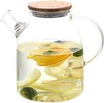 FitsFlair Glass Water Jug with Wooden Lid, Drinking Beverage Pitcher with Cap, 2 Litre, Set of 1