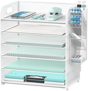 SUPEASY 6 Tier Desk Organizer with 4 Pen Holders, Mesh Paper Organizer Letter Tray with Handle, Desk Organizer Tray File Organizer for A4 File Folder, White