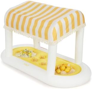 Giant Floating Yellow Cabana Stripe Drink Station, Removable Fabric Shade with Fringe, Perfect for Parties, Table-top Decorations and in-Pool Refreshments.