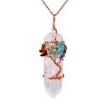 Bivei Tree of Life Copper Wire Wrapped Natural Quartz Necklace Reiki Healing Crystal Point Chakra Pendant Jewelry Gift for Women(Rose Gold Plated Chakra-Natural Color)