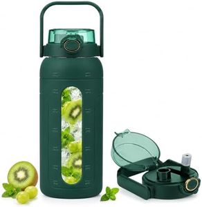 Sursip 64oz (2L) Glass Water Bottle with Straw & Handle Lid, Motivational Time Marker, Half Gallon Water Bottle with Silicone Sleeve, BPA Free Refillable Water Jug for Gym, Fitness & Home