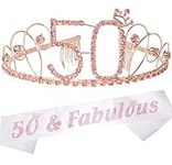 MEANT2TOBE 50th Birthday Tiara and Sash| Happy 50th Birthday Party Supplies | 50 & Fabulous Black Glitter Satin Sash and Crystal Tiara Birthday Crown for 50th Birthday Party Supplies and Decorations (Pink 2)