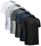 miijoory Mens Workout Shirts Quick Dry Performance Plain Gym Tops Short Sleeve Athletic T Shirt 5 Pack (M, White, Black, Dark Grey, Light Grey, Navy)