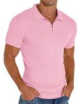 Askdeer Men's Polo Shirts Short Sleeve Zipper Polo Shirt Slim Fit Casual T Shirt Stretch Ribbed Golf Shirt Pink