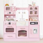 Wooden Play Kitchen for Toddlers and Kids with Lights & Sounds, Large Interactive Pretend Play Set with Ice Maker, Stove, Sink, Oven, 12 Accessories - Ages 3-8