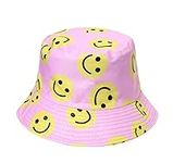 ITRAT Unisex Reversible Summer Bucket Hat Printed Double Side Wear Cotton Sun Beach Fisherman Hunting Hiking Camping Outdoor Travel Hats (Pink Smiley)