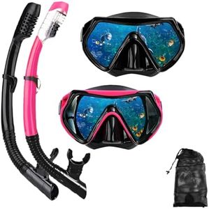 Snorkel mask Snorkeling Set for Adults and Youth, Diving mask and Full Dry Snorkel Swim Googles is Suitable for Snorkeling, Dive Scuba Diving, Swimming (Black+Pink（2 Set）)
