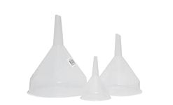 KARRMA ® SET OF 3 CLEAR PLASTIC FUNNEL 8cm,14 cmAND 18cm Clear Plastic Funnel PVC Made Strainer Filter Tool Essential Oils Filling Bottle Funnel Science Laboratory Liquid Filtering Funnel ETC