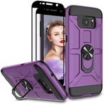 Jeylly Case for Galaxy S7 with Tempered Glass Screen Protector, 360 Rotating Ring Kickstand Holder [Work with Magnetic Car Mount] Armor Defender Shockproof Case for Samsung Galaxy S7, Purple