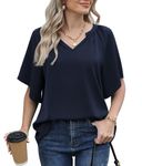 Jouica Womens Summer Casual Dressy Bell Sleeve V Neck Business Work Tops Basic Chiffon Blouses Pleated Top Fashion Bell Short Sleeve T Shirts,Navy Blue,X-Large