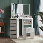 Ufurniture Dressing Table Set 3-Fold Makeup Mirror Corner Vanity Desk 5 Drawers Thick Cushioned Stool Dresser White