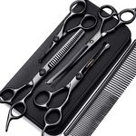 Gimars 7.0in 4CR Stainless Steel Safety Round Tip 6 in 1 Professional Dog Grooming Scissors Kit, Heavy Duty Titanium Coated Straight & Thinning & Curved Shears & Comb Set for Dog & Cat Grooming