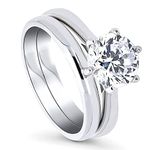 BERRICLE Rhodium Plated Sterling Silver Round Cubic Zirconia CZ Solitaire Wedding Engagement Ring Set 2 CTW