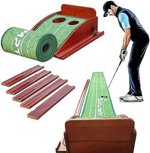 Pine Wood Putting Matt for Indoors, Putting Green with Smoothly Velvet Crystal Mat, Non-Slip Putting Mat with No-Jamming Ball Return, Training Accuracy Speed for Home Office Backyard