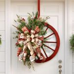 Christmas Wreath, Artificial Plaid Bow Holiday Pine Cones Wreath Hanging Roulette Wheel Garland for Front Door Decoration and Christmas Party Decor