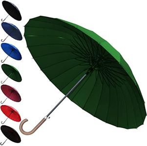 COLLAR AND CUFFS LONDON - 24 Ribs for Super-Strength - Windproof 60mph Extra Strong - Triple Layer Reinforced Frame with Fiberglass - Auto - Hook Handle Wood - Dark Green Canopy Umbrella - Automatic