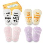 INNObeta Baby Socks Set with Funny Quotes (4 Pairs) Newborn/Infant Socks for Baby Shower, Gender Reveal, Christmas, New Parents – Anti Slip, Gift Box Included, 3-12 Months, Baby Girl