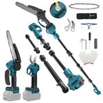 8 Inch Mini Chainsaw with Extension Pole and 30 mm Electric Secateurs Compatible with Makita 18V Battery, 4-in-1 Garden Tool Set Maximum Range up to 4.57 m for Tree Trimming Pruning (No Battery)