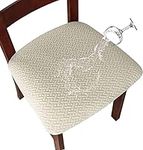 LANSHENG Waterproof Chair Seat Covers for Dining Room Washable Jacquard Stretch Dining Chair Seat Slipcovers Protector Set of 4 Kitchen Chair Seat Covers with Buckle(Beige, 4)