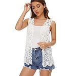 Womens Floral Crochet Lace Boho Trim Sleeveless Open Front Vest Cardigan, V-06white, One Size